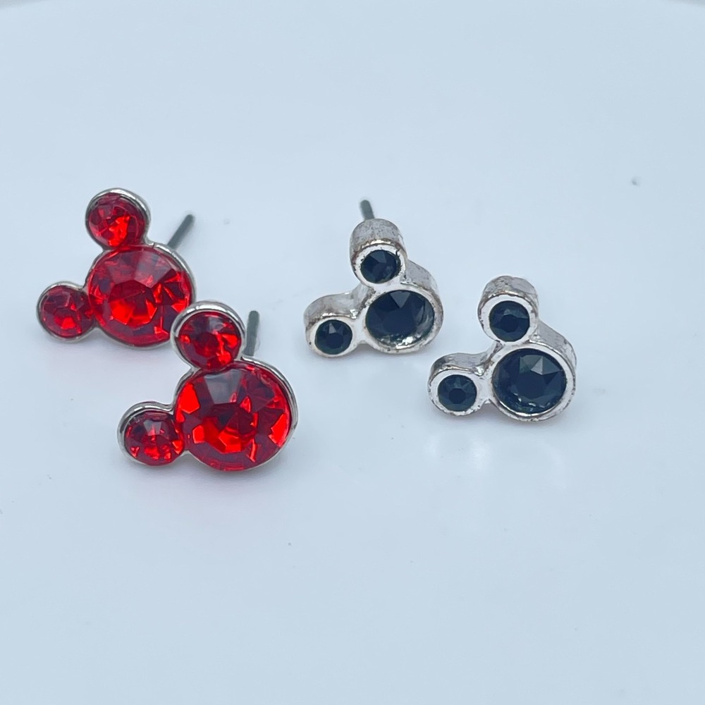 Vintage 90s Mickey Mouse Stud Earrings Set Red Black Rhinestone Women's Jewelry
